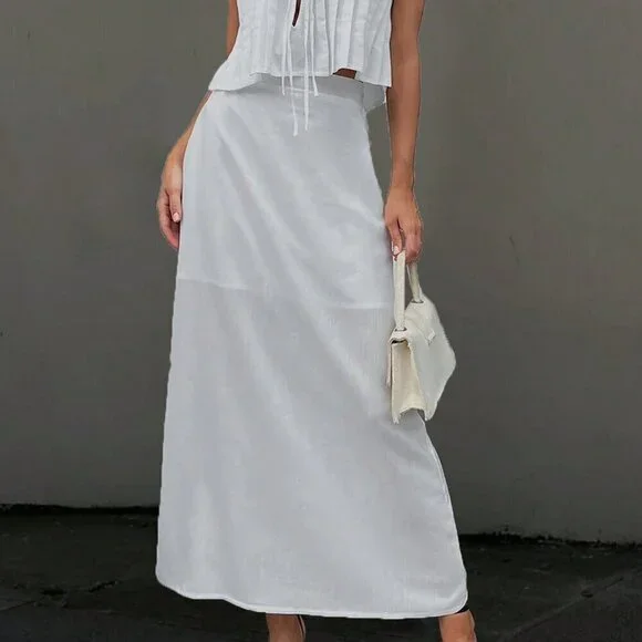 White Casual Women's Ribbon-Tied Ruffled Sleeveless Blouse And Long Skirt Set - Picture 3 of 8